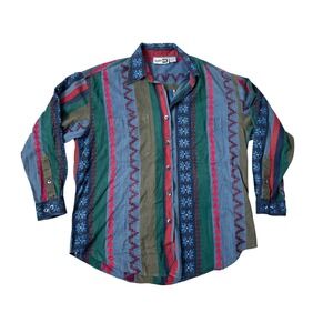 Vintage Krazy Kat Eclectic Southwestern Geometric Stripe Button Down Shirt L